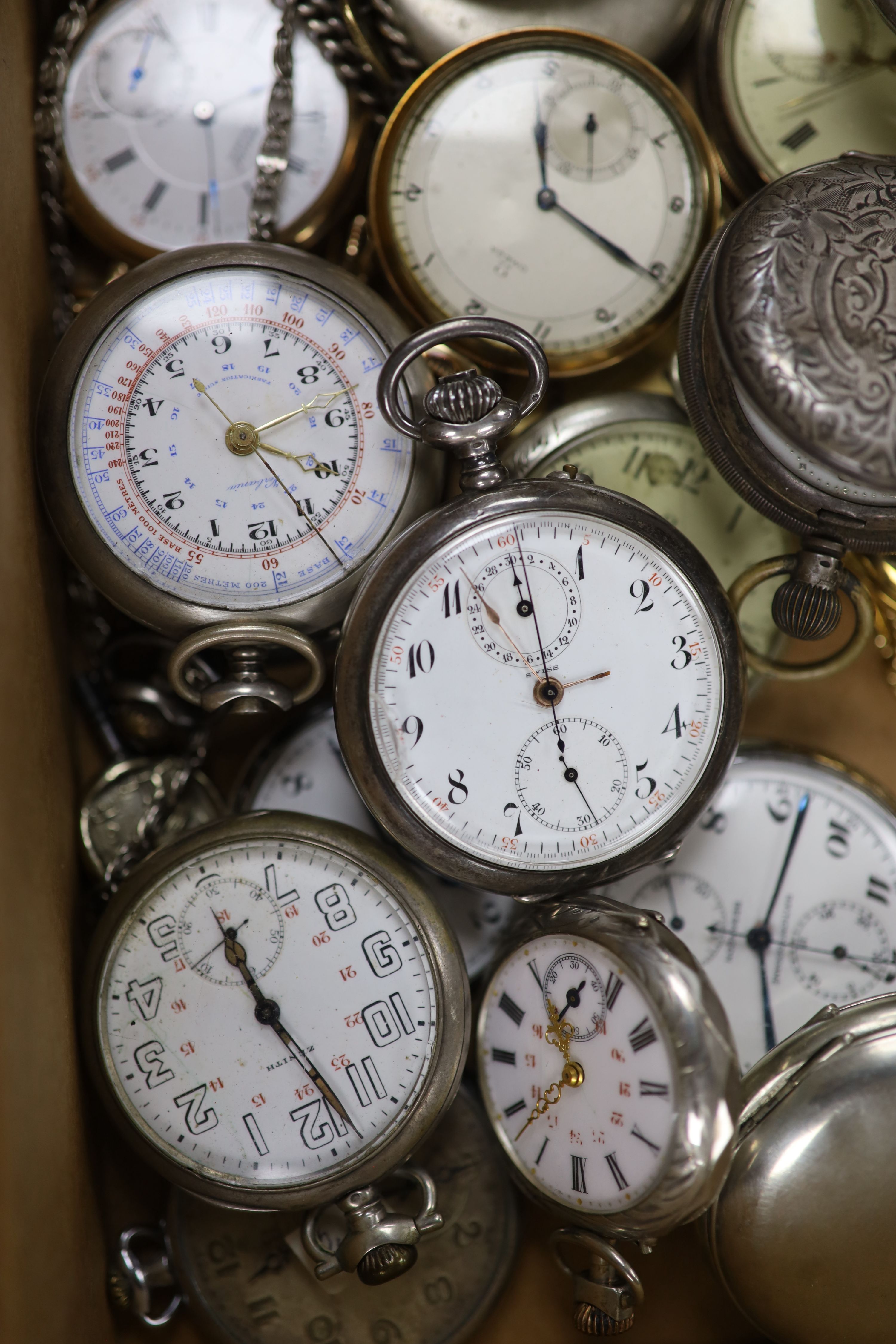 A small collection of assorted mainly based metal pocket watches including Cyma, Zenith and choreograph
